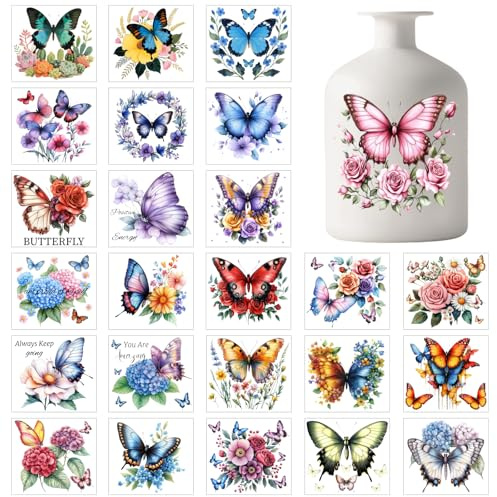 GLOBLELAND 25 fogli di Adesivi per Barattoli di Vetro Colorati con Farfalle Rose e Ortensie Adesivi In Plastica per Lanterne Adesivi per Lampade Da Finestra Tazze di Vetro Vasi