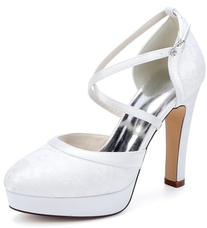 Donna Incrociate Cinturino alla Caviglia Vestito da Sposa Décolleté con Fibbia Punta Tonda Plateau Scarpe da Sposa Tacco A Blocco Alto Pizzo Scarpe da Ballo Festa Serale,Bianca,38 EU