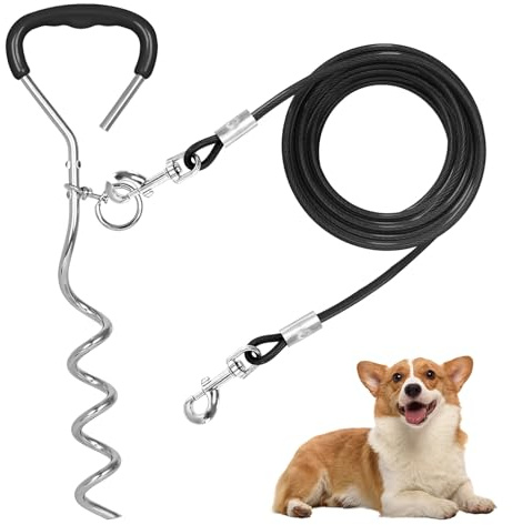 Cable de amarre para perros y estacas, cable resistente de 30 pies con resorte, estacas para perros y gancho de plomo, estacas en espiral, estaca de tierra para perros y mascotas (negro)