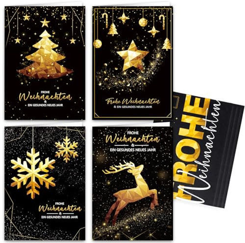 Weihnachtskarte im Schwarz-Gold-Stil, Weihnachtskarten mit Umschlag 12er Set, Hochwertig Christmas Cards, Modern Design A6 Klappkarten Weihnachtspostkarten mit Umschlägen, Grußkarten Weihnachten