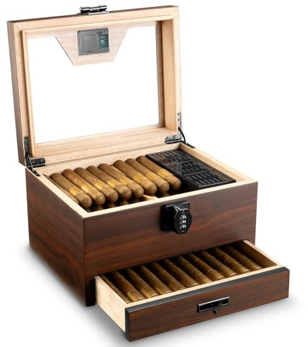 Cigar Humidor, Cedar Wood Humidor with Digital Hygrometer Humidifier and Safety Lock, Cigar Accessories Drawer, Gold-Plated Hardwares Sealing Humidor Box Cabinet for Men, Large Capacity (dark brown)