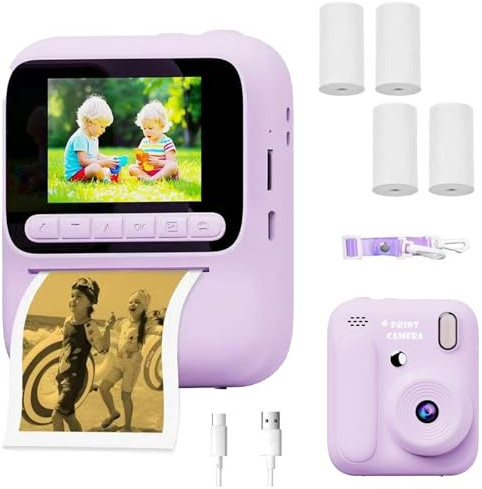 Barnkamera Med Direktutskrift, 2,4 HD Mini-skärm Direktkameran För Barn, 1080 P Barnselfiekamera Med 4 Rullar Fotopapper Och Halsrem purple