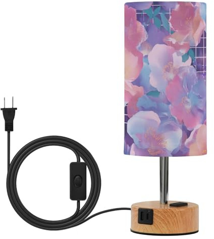 KLL Vapor Wave Style Flowers Purple Dreamy Table Lamp for Bedroom Nightstand Lamp with USB C+A Ports 3 Color Temperatures for Farmhouse Bedside