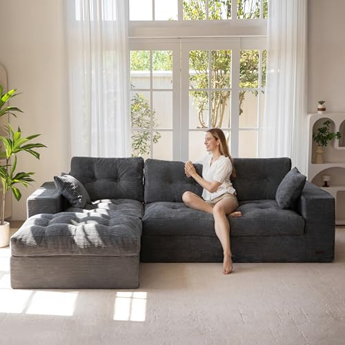 MAXYOYO Modular Sectional Sofa,Jumbo Cord 3-4 Seater Corner Sofa Left/Right Hand Facing Corduroy L Shaped Couch for Living Room Bedroom, No Assembly Required Dark gray