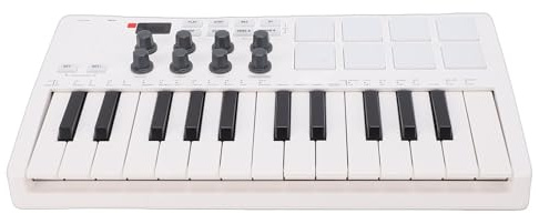 Sxhlseller MIDI-Keyboard-Controller, 25 Tasten, 8 Hintergrundbeleuchtete Drum-Pads, weiß, Tragbarer Musikproduktions-Controller mit 8 Knöpfen, Kompatibel mit Wins, Mac OS X, Android