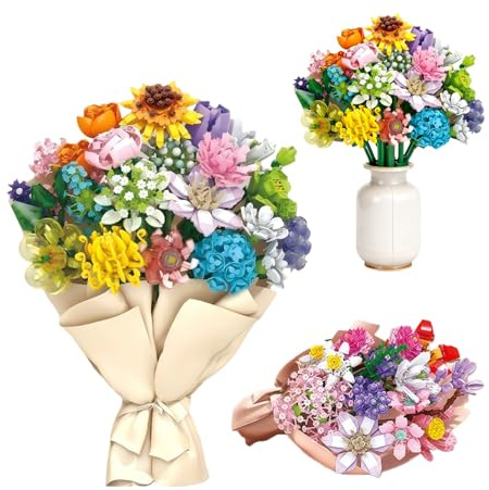 Aoksily Lot de 12 Jouets de Construction pour Adultes - 2180 pièces - Bouquet de Fleurs - Blocs de Construction - Blocs de Construction - Jouets pour Anniversaire, Saint-Valentin, Noël (Vase Non)