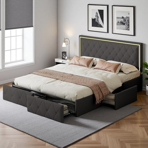 Zorvani Polsterbett 140x200 cm mit Stauraum, Doppelbett mit LED-Kopfteil, Stauraumbett mit 4 Schubladen & Lattenrost, Gepolstertes Bett, Jugendbett, PU(Grau)