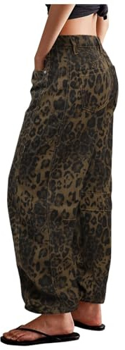Générique Jean Leopard Femme Jambe Large Pantacourt Jeans Baggy Taille Basse Coupe Droite Vintage Pantalon Leopard Femme Large décontracté Jean Wide Leg Cropped Denim Barrel à la Mode Pants