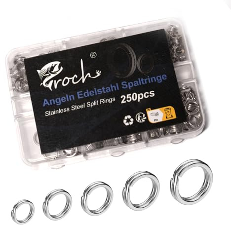 Croch Sprengring Set Angeln 250-teilig – Edelstahl Flach Split Rings in 5 Größen (3/3,5/4/4,5/5 mm) – Extra stark & rostfrei – Angelzubehör Box für Köder, Haken & Wobbler (A)