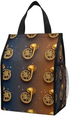 HEBVASS Leak-Proof Insulated Lunch Tote for Adults, Gold French Horns Musical Instrument Blue Yellow, Spacious Foldable Thermal Bag with Side Pockets for Work & Outdoor