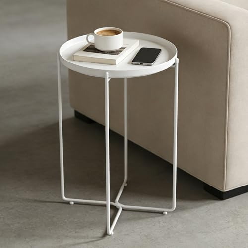 Mai & Mai Beistelltisch rund Ø35×H51 cm, Couchtisch klein mit abnehmbarem Tablett aus PP-Kunststoff, Sofatisch für Wohnzimmer, Schlafzimmer und Balkon, Weiß Reglo-08