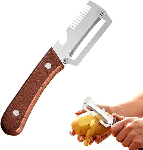 Verduras Multifuncional,Peladores de Mango de Madera 3 En 1 con Abrebotellas,Pelador de Acero Inoxidable,para Todas Las Frutas y Verduras Que Necesitan Pelar (1PCS)