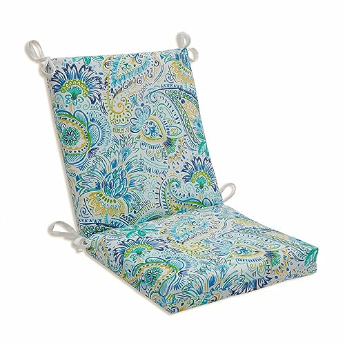 Pillow Perfect Paisley Indoor/Outdoor Solid Back 1 Piece Square Corner Chair Cushion with Ties, Deep Seat, Weather, and Fade Resistant, 36.5 x 18, Blue/Yellow Gilford,