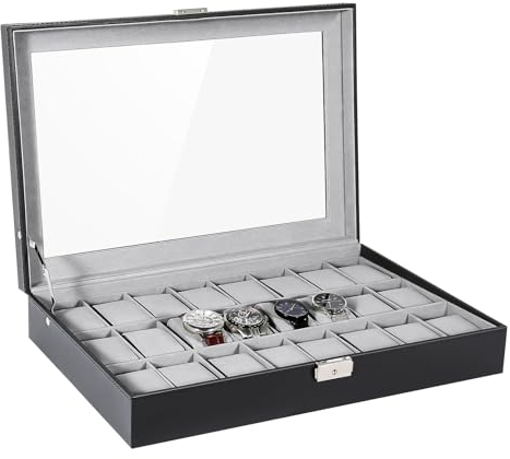Uten Watch Box 24 Slots, Watch Case with Key Lock, Watch Display Storage Box for Men and Women, Glass Lid, Removable Watch Pillows, Black Synthetic Leather, Grey Velvet Lining, Gift Idea