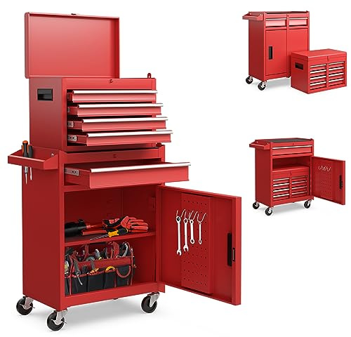 Goplus Rolling Tool Chest, 5-Drawer Tool Box Organizer w/Lockable Wheels & Sliding Drawers & Detachable Top & Adjustable Shelf, Tool Storage Cabinet for Garage Workshop (Red)