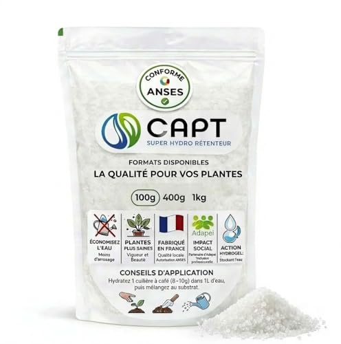 CAPT® Hydro-Rétenteur d'Eau pour Plantes - Billes Réserve d'Eau, Arrosage Automatique Vacances, (100g) - Gel Rétention d'Eau, Fabrication Française Homologuée ANSES