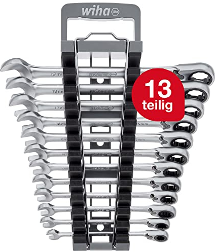 Wiha Ringratschen-Gabelschlüssel Set 12-tlg. umschaltbar inkl. Halter I Ring Ratschenschlüssel Set 8-19 mm I Maulschlüssel Satz mit Ringratsche, 44661