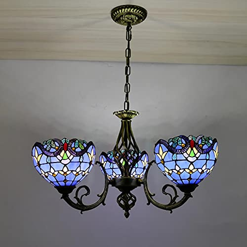 Tiffany Style Chandeliers, Stained Glass Pendant Light, 3 Light, Antique Vintage Adjustable Ceiling Light for Living Room Bedroom Dining Room,Blue Baroque