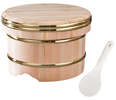 WSHA Sushi Oke Mixing Bowl with Shovel, Cypress Wood Round Sushi Wooden Rice Bowl with Lid, for Making Sushi and Bibimbap Rice Barrel Container,13L