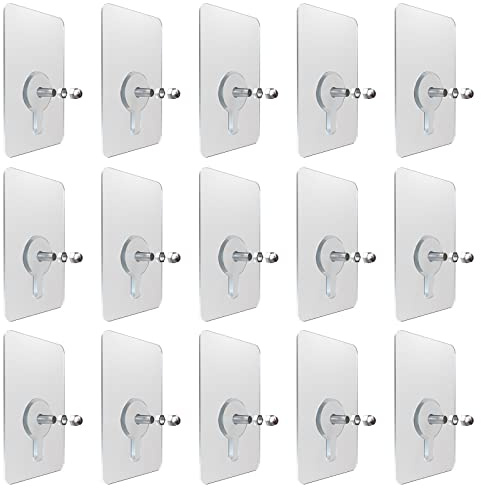 VEGCOO Tornillos adhesivos, 15 clavos adhesivos, varilla roscada de 12 mm, 5 x 8 cm, rectángulo, gancho adhesivo transparente, para baño, cocina, trasteros
