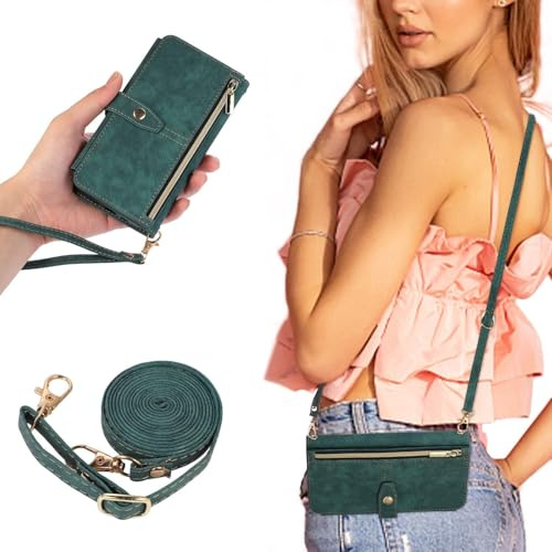 UEEBAI Handykette Hülle für Samsung Galaxy S20 FE 5G, 9 Kartenfäche Retro Leder Geldbörs Flip Case mit Umhängegurt Handschlaufe Standfunktion Wallet Reißverschluss Handyhülle – Grün