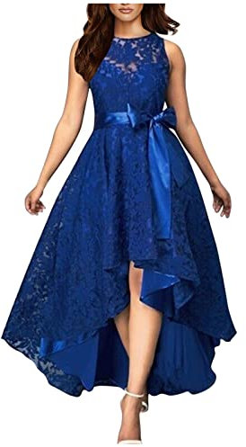 Azruma Kleid Festlich Damen Hijab Kleid Hochzeitskleider Damen Spitzenkleid Schulterfrei Spitze Patchwork Asymmetrisches RüSchen Lang Kleider Mit GüRtel Sommerkleid A Linie Damen (Blau, 3XL)