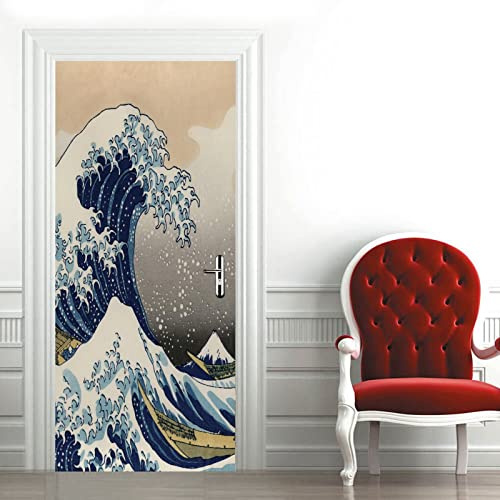 A.Monamour Pegatinas Decorativas de Puerta Autoadhesivo 3D La Gran Ola De Kanagawa Vinilo para Puertas Mural PVC Pegatinas de Pared Foto Poster 77 x 200 cm