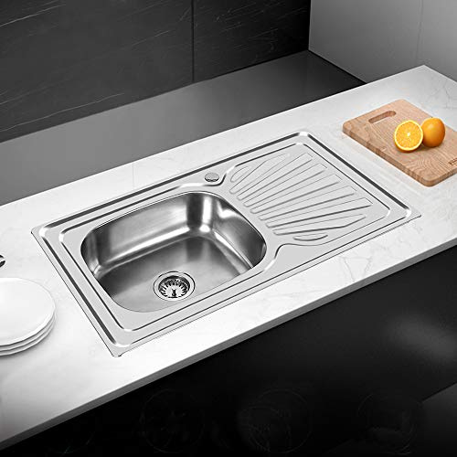 Willonin Fregadero de cocina pequeño, cuenco único de acero inoxidable, fregadero de cocina de acero inoxidable, 1 bandeja de acero inoxidable con accesorios de drenaje (90 x 50 x 15 cm)