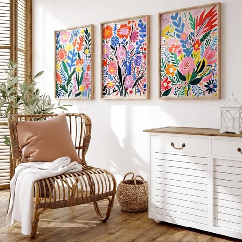 Flower Market Wall Art Set of 3 Floral Wall Decor Henri Matisse Canvas Wall Art Prints Aesthetic Modern Pictures Colorful Floral Artwork Matisse Style Flower Poster for Room 16x24 Inch Unframed
