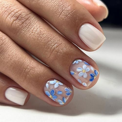 24Pcs French Short Square Press-on Nails - Blue Flower Acrylic Full Cover With Glue Stickers - Removable Stick-on Nail Art for Women and Girls