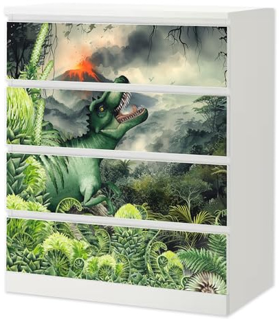Möbelfolie Dinosaurier T-Rex passend für Ikea Malm Kommode 4 Schubladen | Selbstklebende Schrankfolie für glatte Schubladenfronten Klebefolie Kinderzimmer Schlafzimmer DIY Upcycling 4 Schubladen
