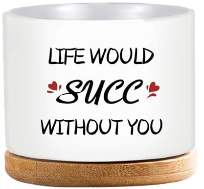 Lustige Blumentöpfe, Life Would SUCC Without You, weiße Keramik-Sukkulenten-Übertöpfe mit Bambus-Tablett, niedliche Kaktus-Pflanzgefäße für Zimmerpflanzen, Geburtstagsgeschenke für Frauen, Pflanzen