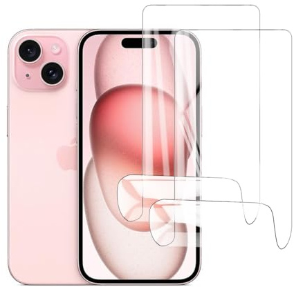 Glcrrpu Pellicola Idrogel per iPhone 15 [2 Pezzi] Soft TPU | pellicola idrogel trasparente HD, sblocco con impronta digitale, copertura totale bordo a bordo, auto-riparante, senza bolle