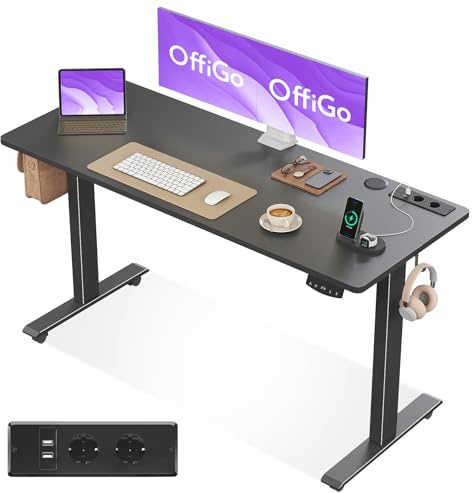 OffiGo höj- och sänkbart skrivbord, 140cm, elektriskt skrivbord med USB, höj- och sänkbart skrivbord med 2 minnesfunktioner, höj- och sänkbart skrivbord för kontor, hem, gaming, Svart