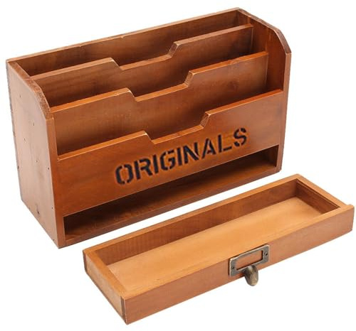 Wandmontierter Dokumentenhalter aus Holz – Dokumentenhalter an der Wand | 29,5 x 11 x 18 cm aus Holz mit 3 Gitterfächern und Schublade, Briefablage für Büro, Schlafzimmer