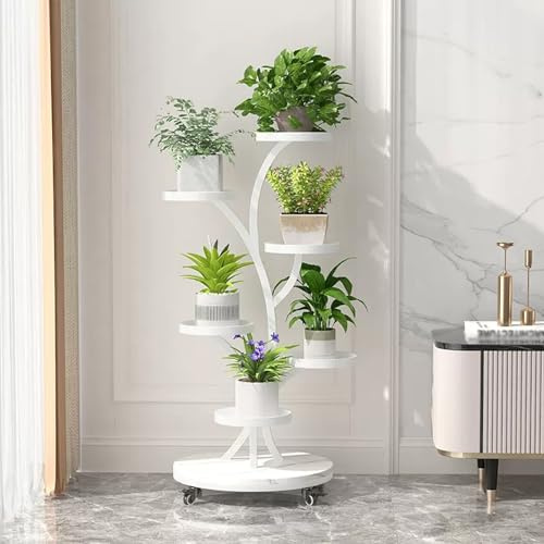 DSEWTEZXI Modern Metall Wohnzimmer pflanzentreppe mit Rädern, innen Zimmerecke deko blumenbank regal, outdoor gartenregal blumentreppe wetterfest, outdoor balkon pflanzenregal, für,Terrasse,Hof.(Wit)