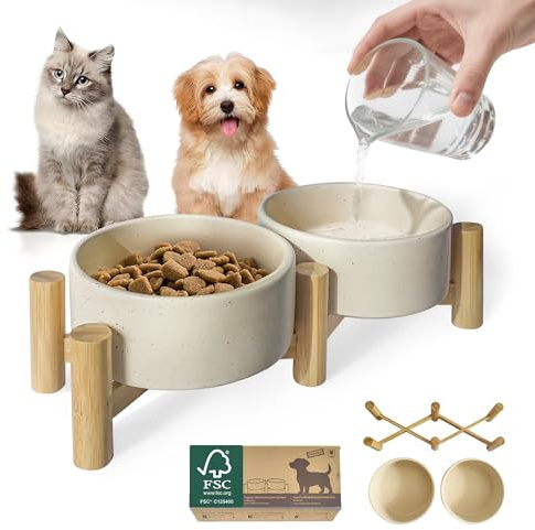Homish Raised Dog and Cat Bowls 27oz - Elevated Ceramic Pet Food and Water Dishes Set with Bamboo Stand, Feeding Station for Small to Medium Dogs & Cats, Prevents Neck Strain - Premium Quality