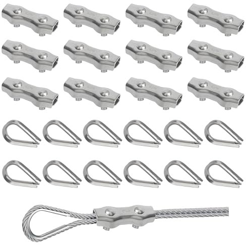 Rybtd Morsetto per Fune Metallica 24 Pezzi Morsetto Duplex M5 e Ditale M5,Morsetti Stendibiancheria Clip per Fune Metallico per Tenda Tenditore Stendibiancheria Fissa,Serracavo per 4 mm Cavo Metallico