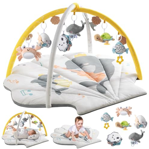 Suihuooo Spielbogen Baby, Ozean Muschel Thema Spieldecke Baby, Baby Gym mit 6 abnehmbare Aktivität Spielzeug, frühe sensorische Entwicklung Baby Play Mat für Kleinkind & Neugeborene (weiß)