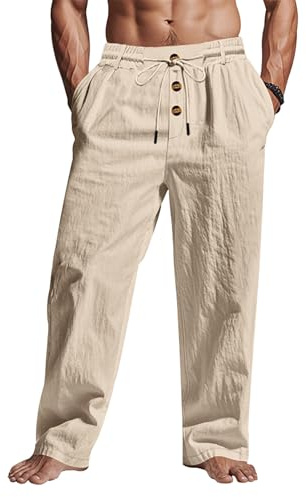 TRFIC ‌Men's Linen Pants Lightweight Drawstring Elastic Waist Pockets Loose Fit Straight Legs Summer Beach Yoga