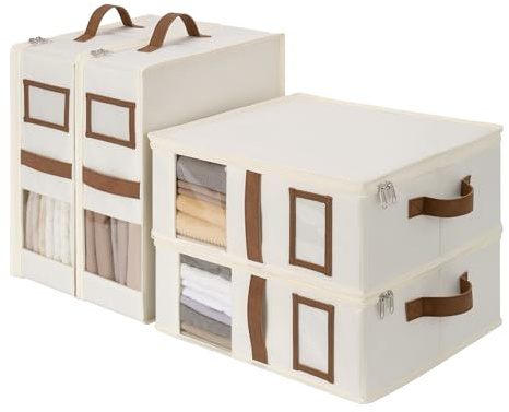 StorageWorks 4-Pack Bed Sheet Organizers and Storage, Foldable Bedsheet Holder for Linen Closet, Bedding Container with Handle, Beige, 15 D x 12¾W x 5½H
