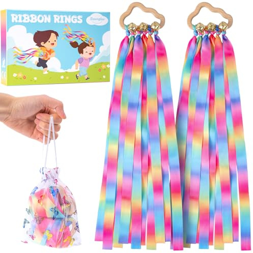 Dawnglow 2 Stück Regenbogen Tanzbänder, Gymnastik-Rhythmusband für Kinder, Ungiftige Handdrachen aus Holzringen mit Glöckchen, für Tanz, Gymnastik & Haustiere Spielen