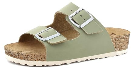 inblu Femme Ciabatte Donna Doppia Fascia E Fibbia Regolabile, Plantare in Vera Pelle Multiprise, Vert, 37 EU