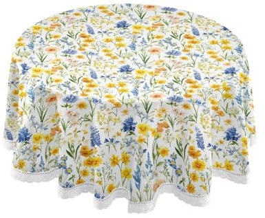 KLL Sommerblumen, Rittersporn, Sonnenblume, weiß, knitterfrei, runde Tischdecke, 152,4 cm, für Hochzeit, Buffet, Partys, Picknick