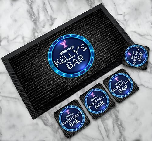 Artylicious Tapis de bar personnalisé | Dessous de verre – Cercle bleu fluo | Ensemble de cocktail – Tapis de bar et pub – Accessoires de bar à domicile (tapis de bar + 4 sous-verres)