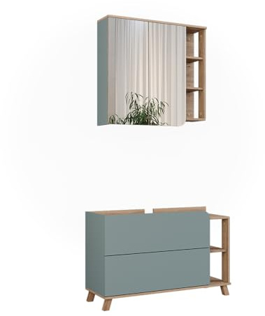 Vicco Set di mobili da bagno Karen, Sonoma/blu, 100 cm, composto da specchio da bagno e mobile sottolavabo