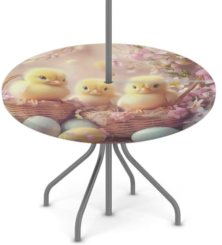 Woltant Nappe ronde avec trou de parasol et fermeture éclair facile à nettoyer avec bords élastiques - Protection de table d'extérieur pour jardin, terrasse, barbecue (fleurs jaunes d'œufs de poule)