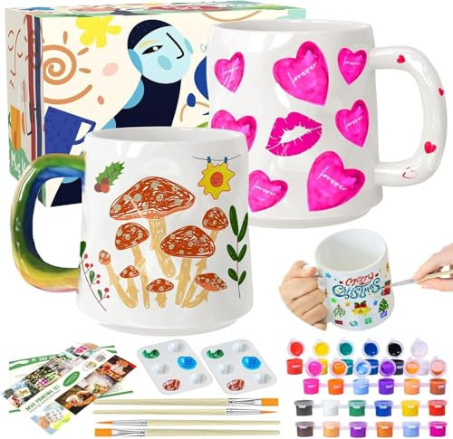 ONLYFUN Set para pintar cerámica - Set de manualidades para adultos Contiene tazas, pinceles, colores e instrucciones para pintar, set para pintar tazas, set creativo para adultos
