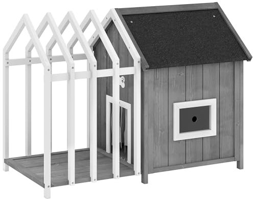 PawHut Niche pour Chien extérieur en Bois, avec terrasse et barrière, Maison Chien extérieur, Porte à lamelles et Toit Pointu en Bitume, pour Jardin, Cours, Veranda, Patio,106 x 62,5 x 80,5 cm, Gris