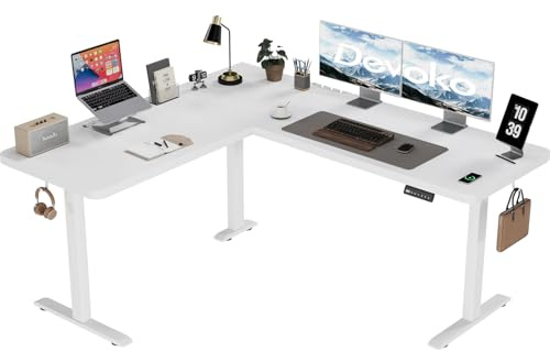 Devoko Höjdjusterbart skrivbord L form, 160 x 140 cm L-format skrivbord justerbar höjd elektriskt, hörnskrivbord ergonomisk ståsits bord datorbord (vit)